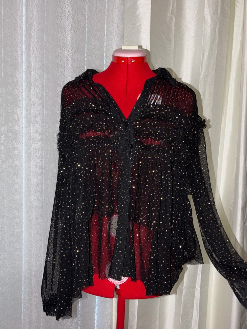 INC International Concepts Black Sheer Blouse with Metallic Dot Detail